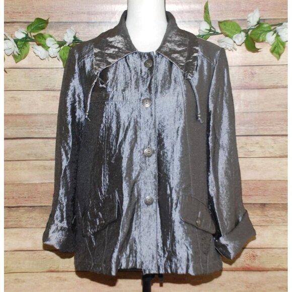 Ruby Rd. Ladies Gray Silver Metallic Jacket Blazer Size 10 Button Up Roll Tab - Picture 3 of 11